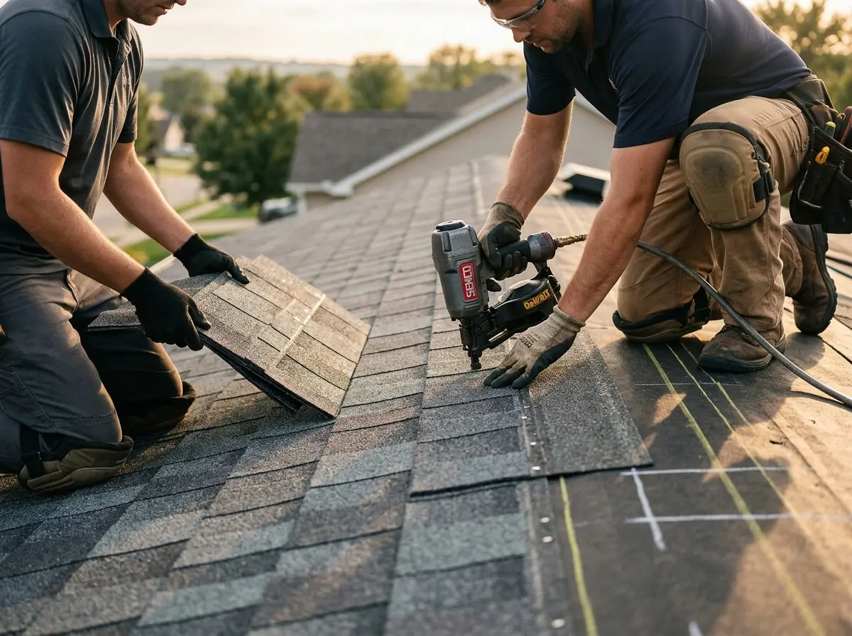 Professional roofer working on a residential roof in Credit River